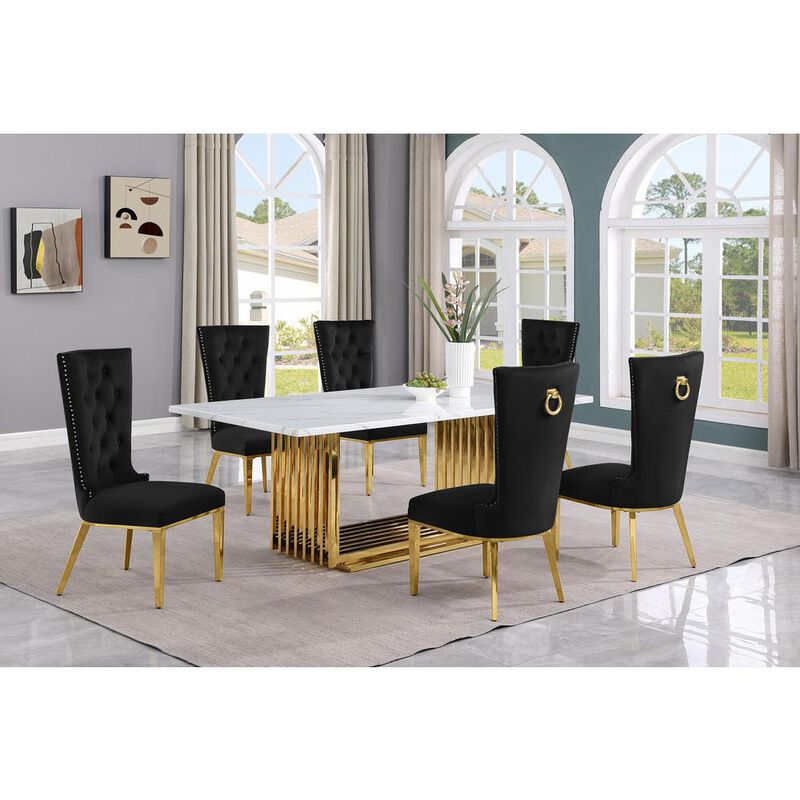 7pc Large(79") marble top dining set with gold base and 6 Black side chairs