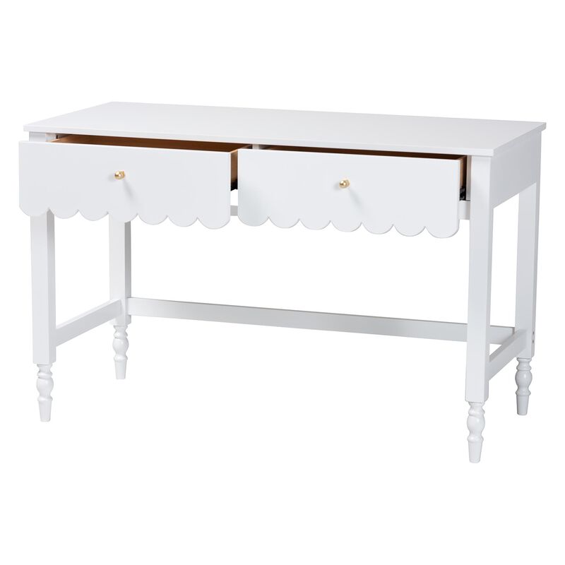 Baxton Studio Roni Writing Desk with Drawers - Modern Cottage Style Desk with Scalloped Detailing for Home Office or Vanity, White image number 2