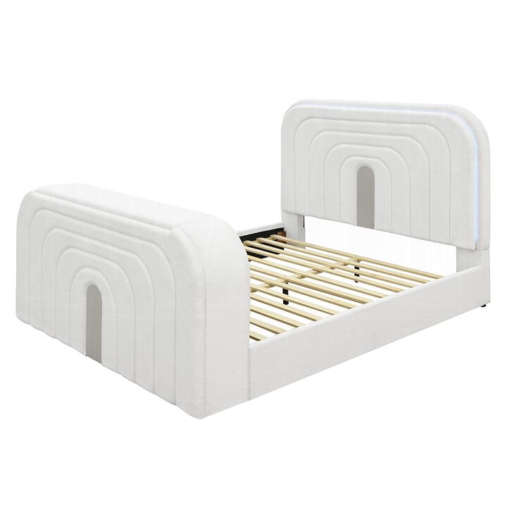 Kery King LED Bed w TV Cabinet, Fireplace, White Teddy Sherpa Upholstery