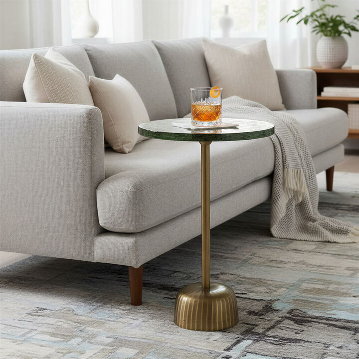 Round Accent Table, Distressed Bronze Aluminum and Clear Glass