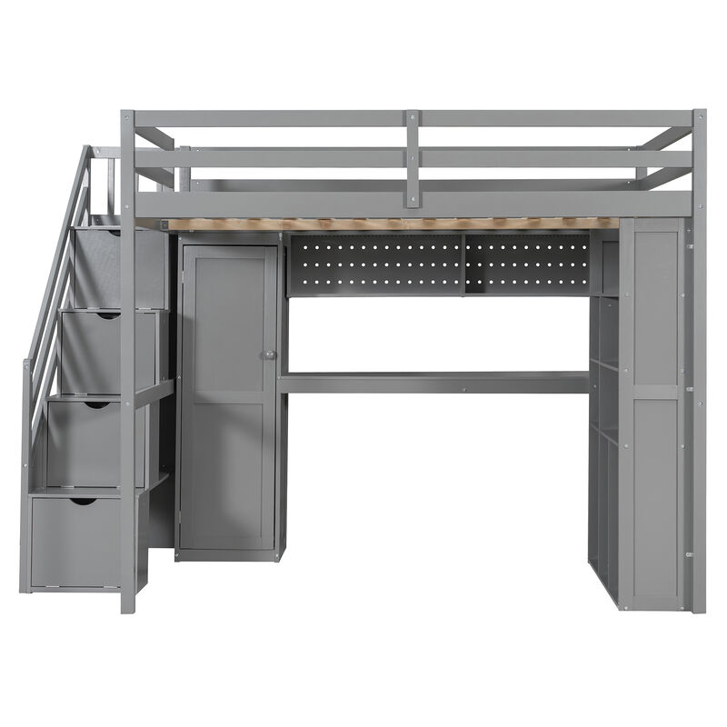 Whisen Full Loft Bed with Wardrobe Desk Shelves, Solid Wood Space-Saving for Bedroom Kids image number 0