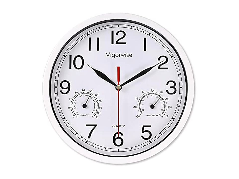 White Sweep Accurate Temperature Humidity Wall Clock 8 Inch Silent