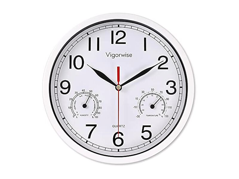 White Sweep Accurate Temperature Humidity Wall Clock 8 Inch Silent image number 0