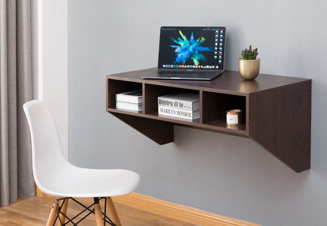Basicwise Wall-Mounted Computer Desk with Storage Shelves Floating Laptop Table for Home Office or Study Room Foldable Workstation with Compartments for Books Office Supplies and Decor, Brown Finish