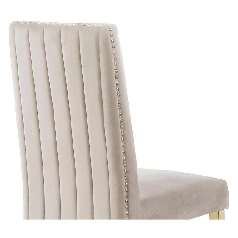 Set of 2 Cream Velvet Tufted Side Chairs with Gold Legs and Nailhead Trim