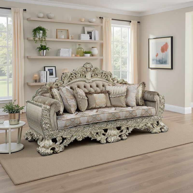Esen Ornate Sofa, 7 Accent Pillows, Gold, Tufted Brown Velvet, 99 Inch image number 1