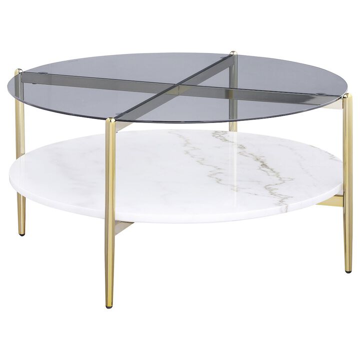 Coaster Jonelle Round Glass Top Coffee Table White Marble Shelf Gold