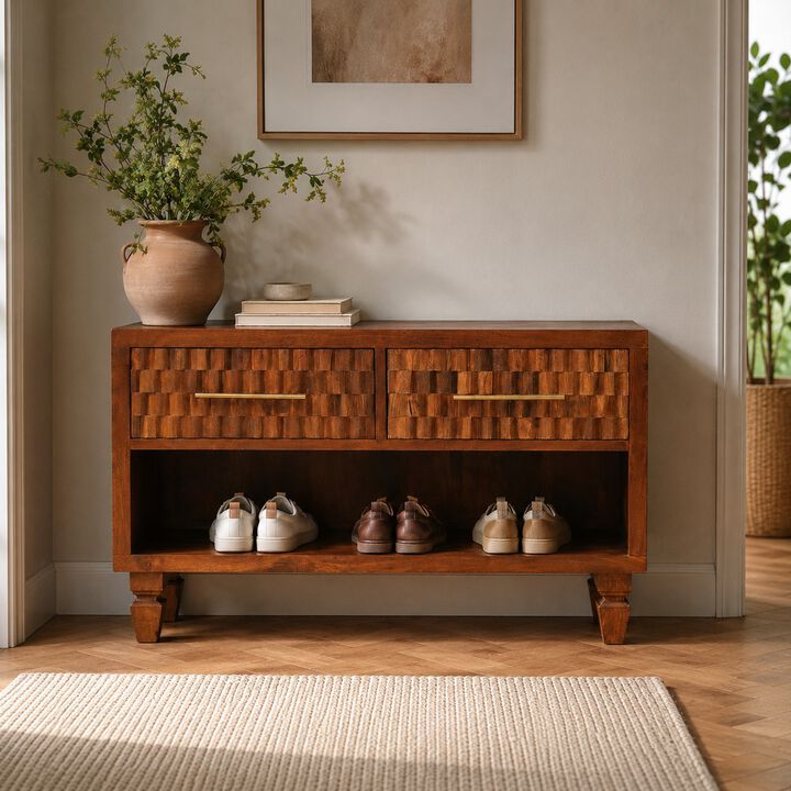 Artisan Furniture Solid Wood Cadiz Carved Shoe Bench, Brown