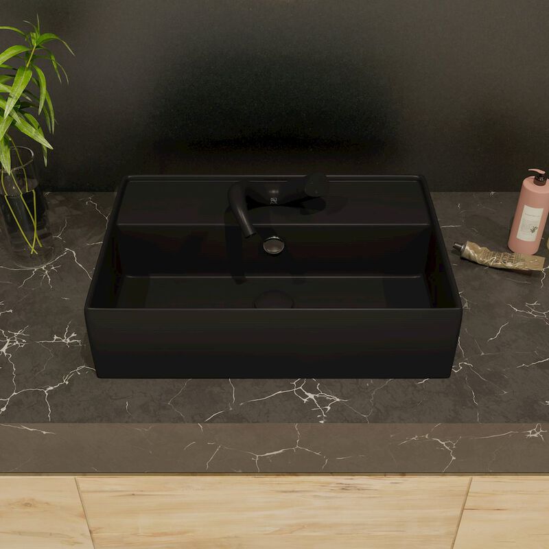 ALFI brand Black Matte 24 Modern Rectangular Above Mount Ceramic Sink with Faucet Hole