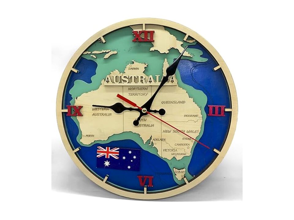 Australia Map Pattern Vintage Wooden Gold Wall Clock 41 Inch Silent Wood