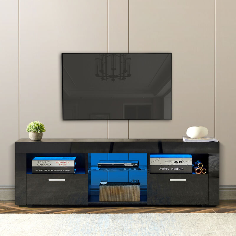 Black Modern TV Stand with LED Lights, high glossy front TV Cabinet, can be assembled in Lounge Room