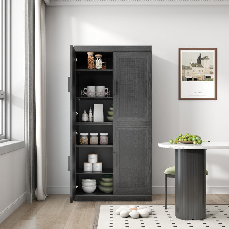 2-Piece 31"x31"x16" Black Wood Grain 6-Story Decorative Storage Cabinets with Wicker Door image number 2