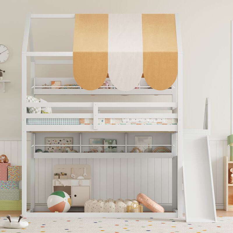 Merax Full Size White Loft Bed with Playhouse Canopy, Slide & Built-In Bookshelves image number 2