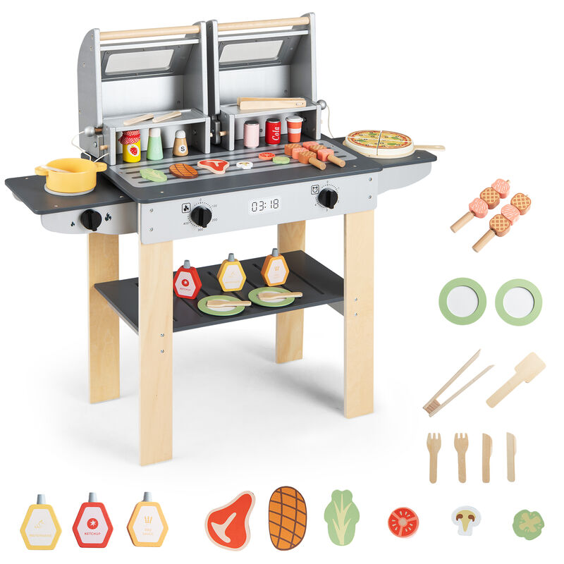 Kids Pretend BBQ Grill Set with Wooden Grill Tools and Play Food Accessories-Grey image number 5