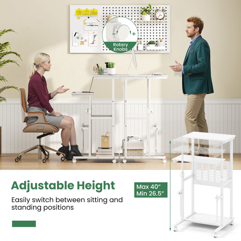 Height Adjustable Mobile Desk with Sit & Stand Modes for Computer Use