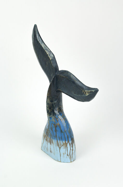 Coastal Blue Carved Wooden Whale Tail Tabletop Statue 16 Inches High