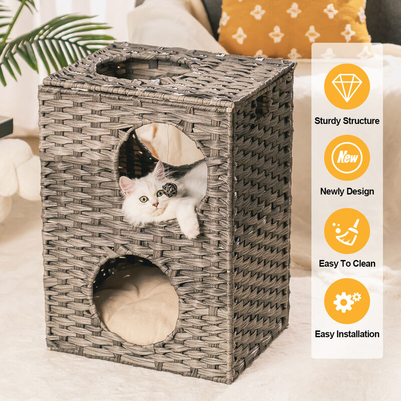 Rattan Cat Litter,Cat Bed with Rattan Ball and Cushion，Grey