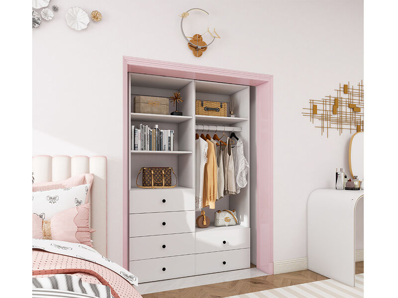 Clothes Organizer with Closet Shelves Wall Mounted, Wardrobe Closet Organizer System, Closet System with 6 Drawers, Wooden Walk in Closet Organizers and Storage,White