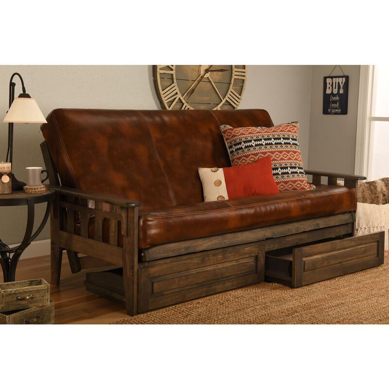 Tucson Frame-Rustic Walnut Finish-Oregon Trail Saddle Mattress-Storage Drawers