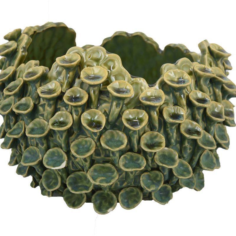 Nina Decorative Bowl, Textured Green Ceramic, Abstract Coral, 11 Inch - Benzara