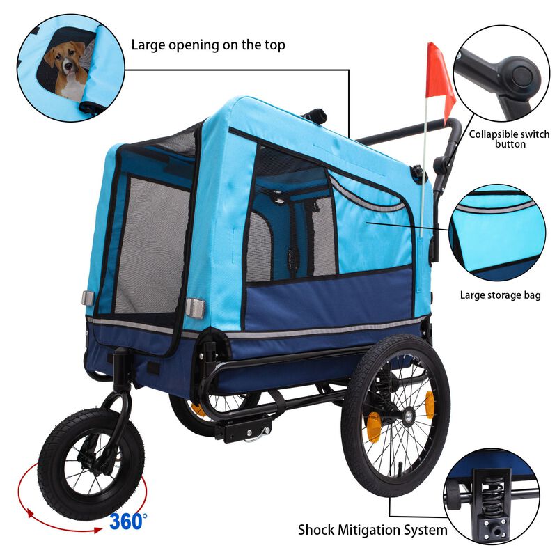 88LB Capacity Blue Pet 2-in-1 Bike Trailer & Push Cart &ndash; All-Terrain Safe Ride image number 2