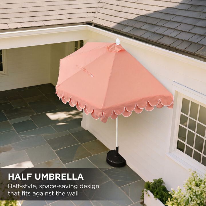Terrace Arc 9 ft. Classic White Pole MidCentury Scalloped Fringe Market Patio Half Umbrella with Crank, Tilt Button and UV Protection
