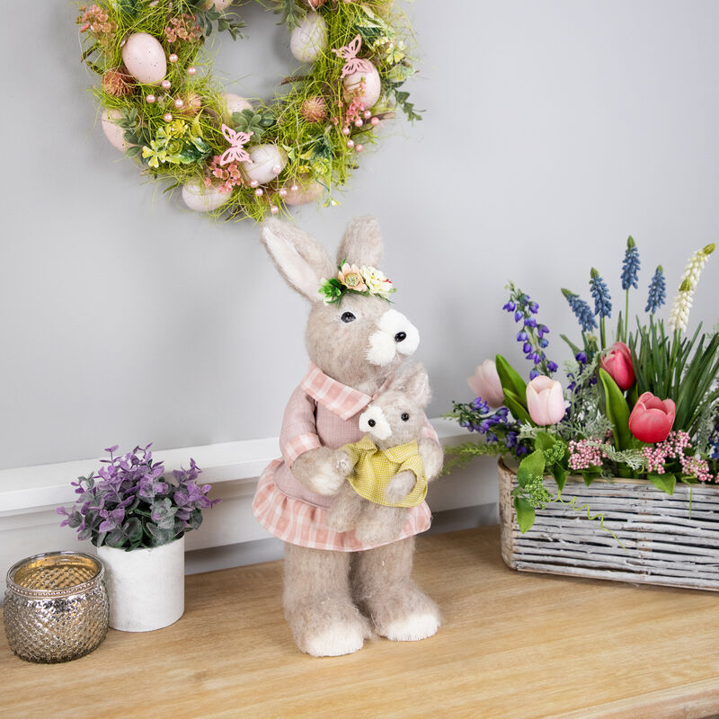 Mother Rabbit with Baby Bunny Easter Figure - 14.5" - Brown and Rose Pink