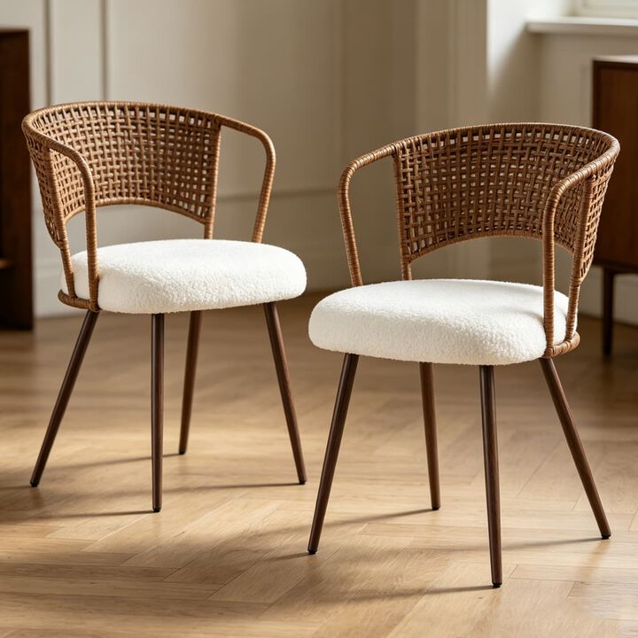 2 Pack Cane Back Dining Chairs PE Rattan Wingback Chair with Metal Legs Upholstered Cushion Kitchen Dining Chair Set