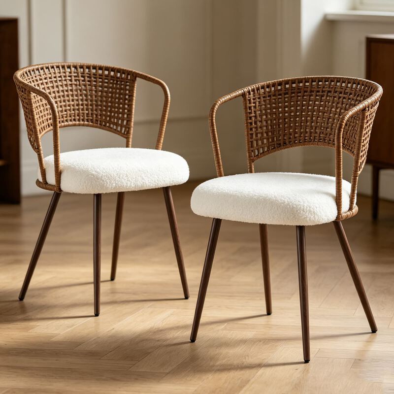 2 Pack Cane Back Dining Chairs PE Rattan Wingback Chair with Metal Legs Upholstered Cushion Kitchen Dining Chair Set image number 1
