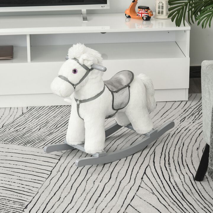 White Plush Pony: Rocking Horse with Bear Toy for Kids