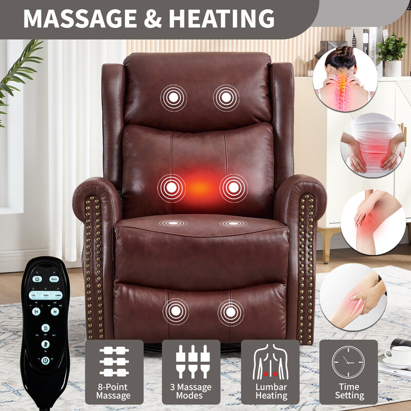 Genuine leather Heat Massage Manual Recliner Chair with Rocker and Swivel for Living Room image number 4
