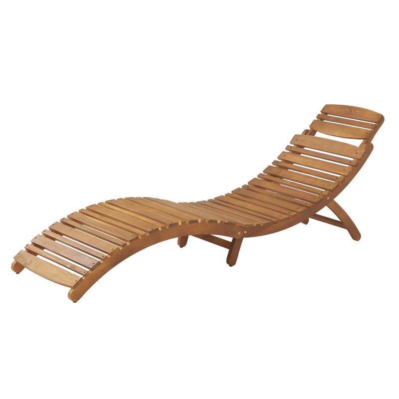 Hanie Foldable Chaise Lounger, Outdoor, Open Slatted in Brown Acacia Wood - Benzara