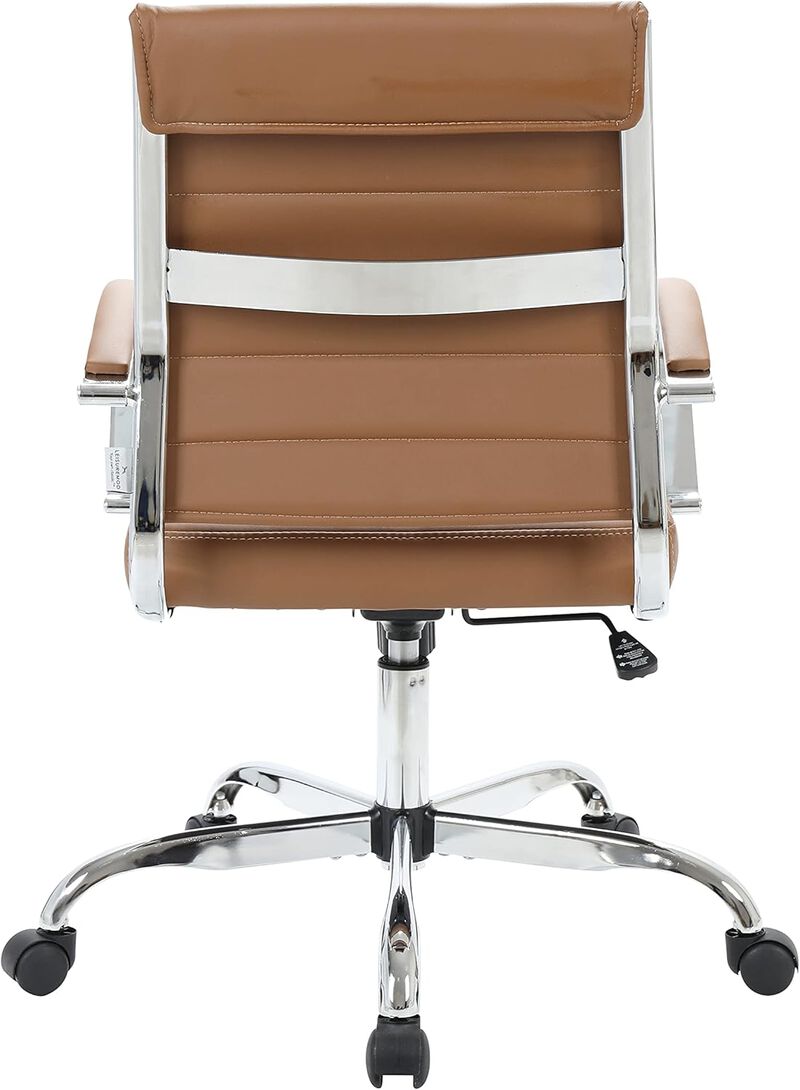 LeisureMod Benmar Mid-Back Office Chair, Leather Upholstery with Swivel, Tilt, and Chrome Base, Modern Desk Seating for Home Office or Conference Room