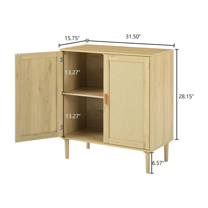 Mid-Century 2-Door Accent Chest, Wood Storage Cabinet with Shelf and Fabric Covered Panels (Natural, 31.5" w x 15.8" d x 34.6" h)