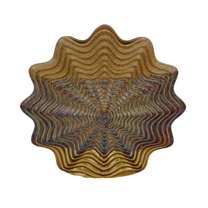 Decorative Vase, Brown, Gray Ceramic, Unique Radial Rosette, 16 Inch