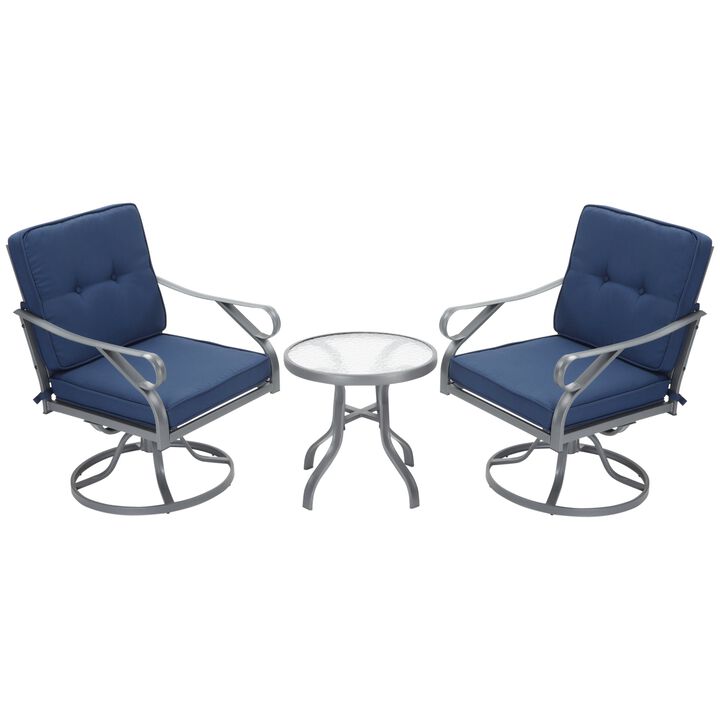Blue Outdoor Bistro Set: 3-Piece Swivel Chairs and Glass Table for Porch, Garden