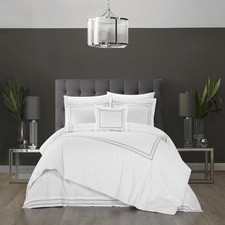 Chic Home Milos Cotton Comforter Set Dual Stripe Embroidered Border Hotel Collection Bed In A Bag Bedding - Includes Sheets Pillowcases Decorative Pillow Shams - 8 Piece - King 106x96, Grey
