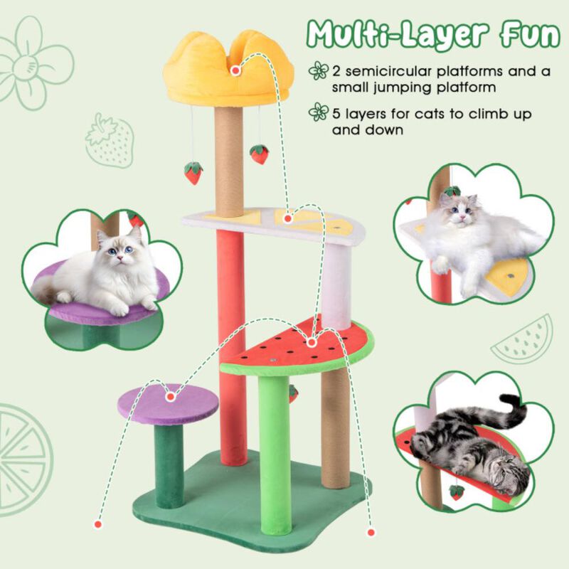 Hivvago 45 Inch Multi-Level Cat Tree with Plush Padded Top Perch and Fruit-Shaped Platforms