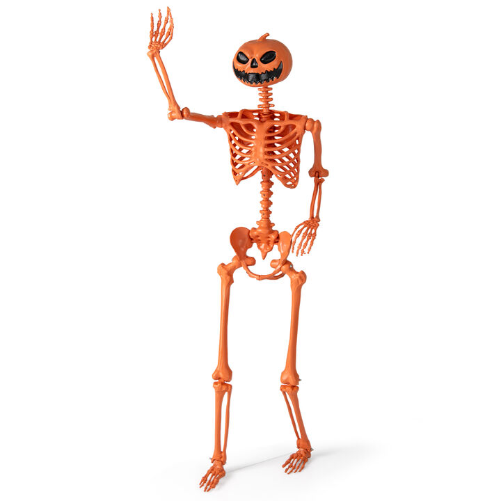 Orange Halloween Skeleton Decoration with Movable Joints and Pumpkin Head Design