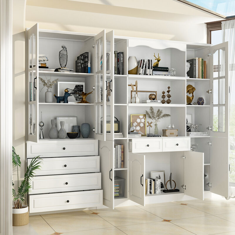 FUFU&GAGA Elegant Bookcase Cabinet with Glass Doors and 6 Drawers – Adjustable Shelves, P2 MDF, Modern Storage Solution for Living Room, Study, or Dining Area , (94.5”W x 78.7”H x 15.7”D),White