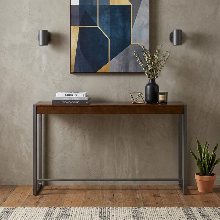 HomeRoots 54" Dark Brown and Gunmetal Wood and Metal Sled Console Table