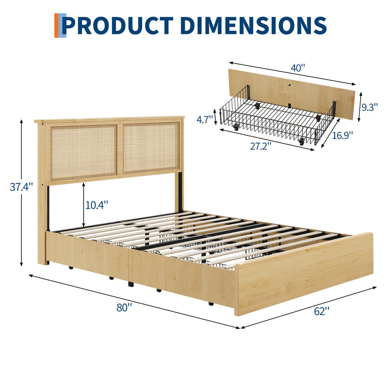 Modern Farmhouse Rattan Platform Bed Frame with Under‑Bed Storage Drawers, Noise‑Free Wooden Slats, No Box Spring Required image number 4