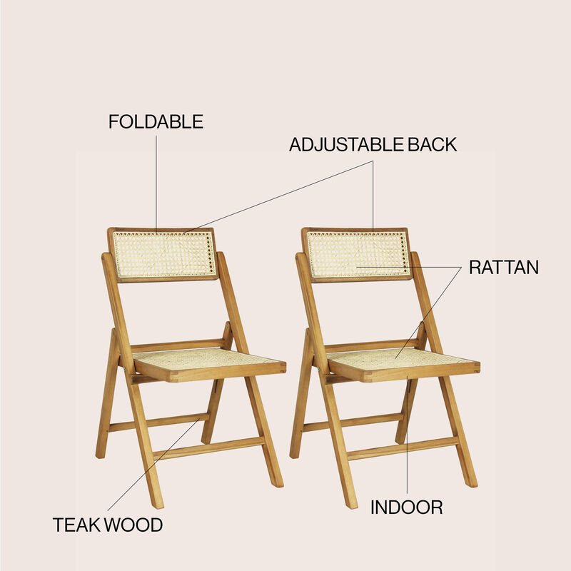 Theo Mid-Century Vintage Wood Rattan Folding Chair with Adjustable Back, Light Brown (Set of 2)