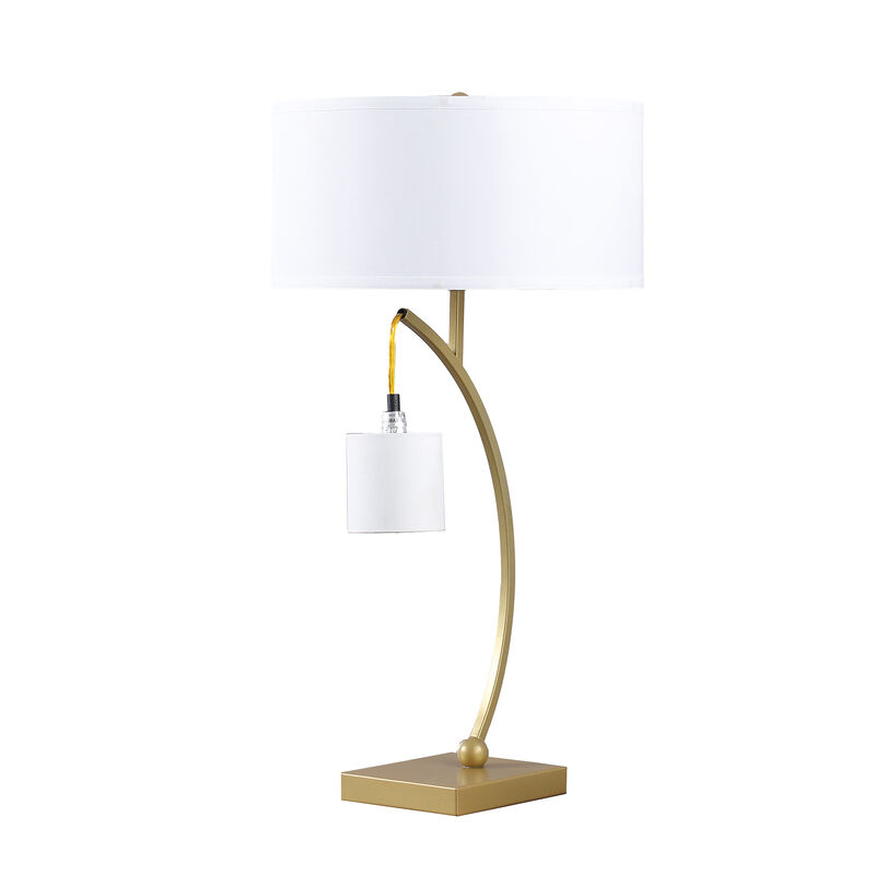 Jiya 29 Inch Arc Table Lamp, Hanging Design, 2 White Drum Shades, Gold - Benzara
