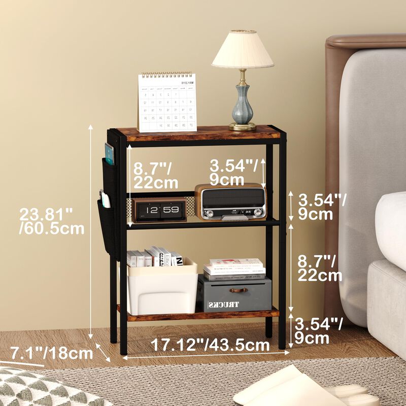 Yusong Small Narrow Side Table for Small Spaces, Slim End Table with Storage Bag, Sofa Snack Table with Adjustable Metal Mesh, 3