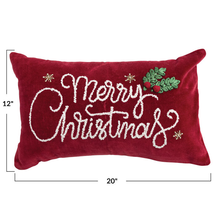 "Merry Christmas" Cotton Velvet Lumbar Pillow, Burgundy, Green and White