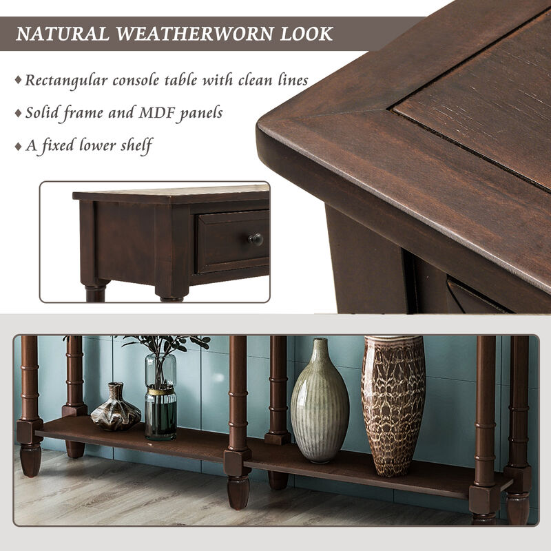 Whisen Rustic Rectangle Wood Console Table with Drawers and Bottom Shelf - Espresso