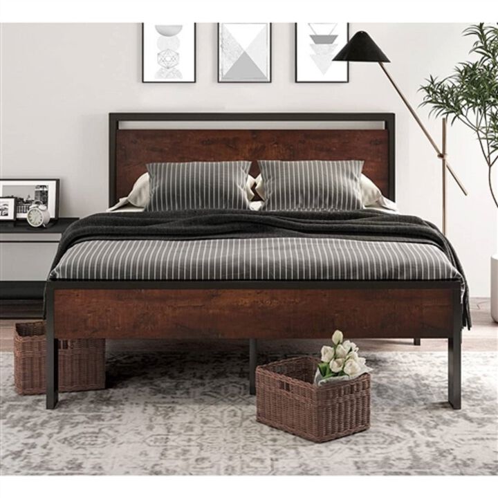 Mahogany Wood Panel Bed Frame – Metal Platform Bed with Elegant Headboard and Footboard