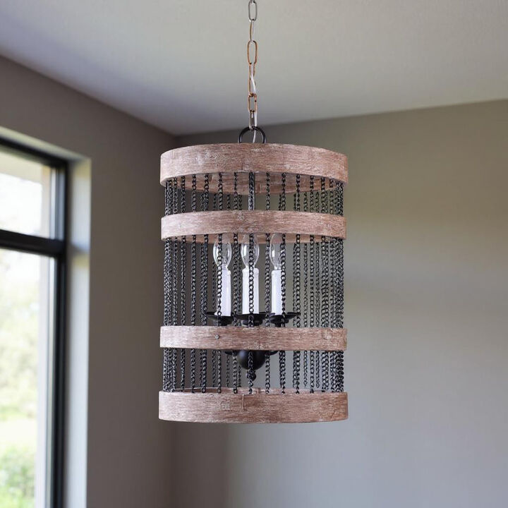 HomeRoots Black And Natural Wood and Metal Cylinder Three Light Dimmable Chandelier