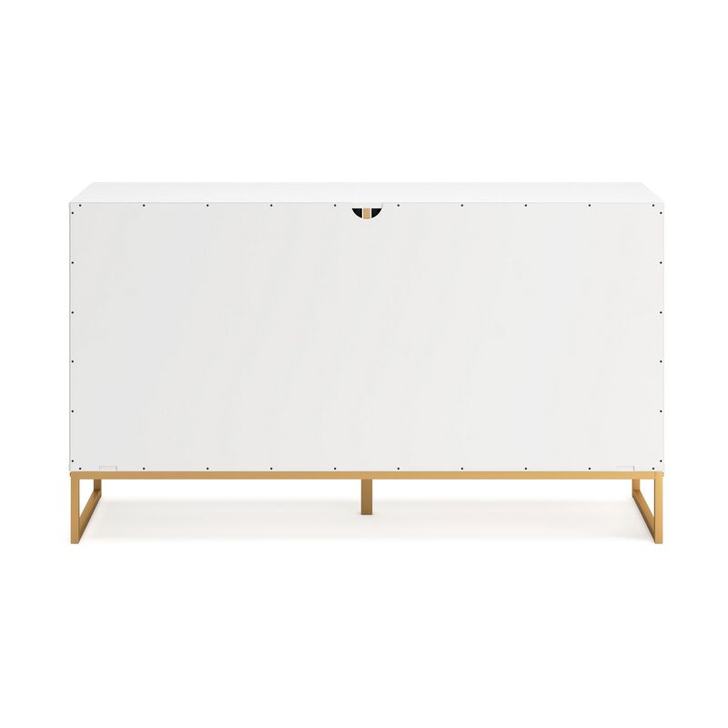 Alli Wide Dresser, 6 Drawers, Matte White Wood, Gold Metal, 59 Inch - Benzara